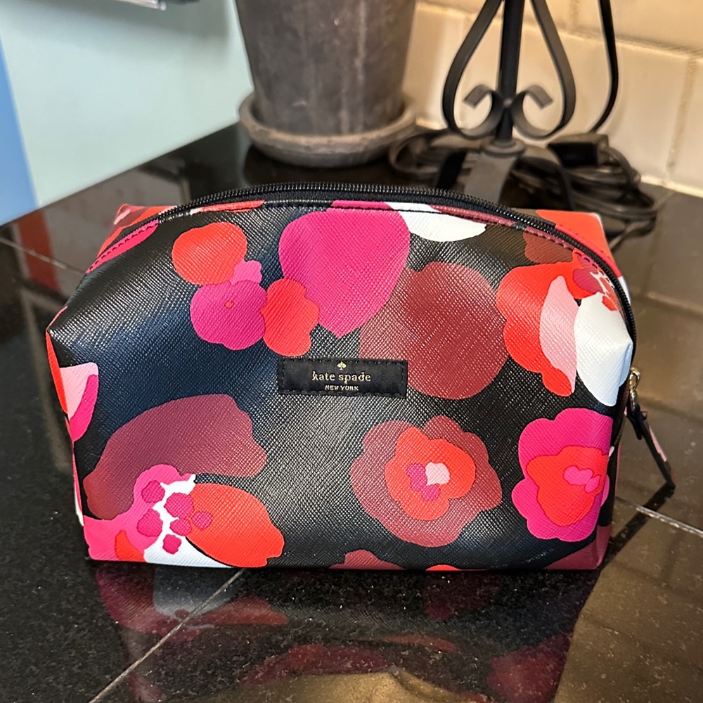 Kate Spade Black and Red Floral Cosmetic Bag